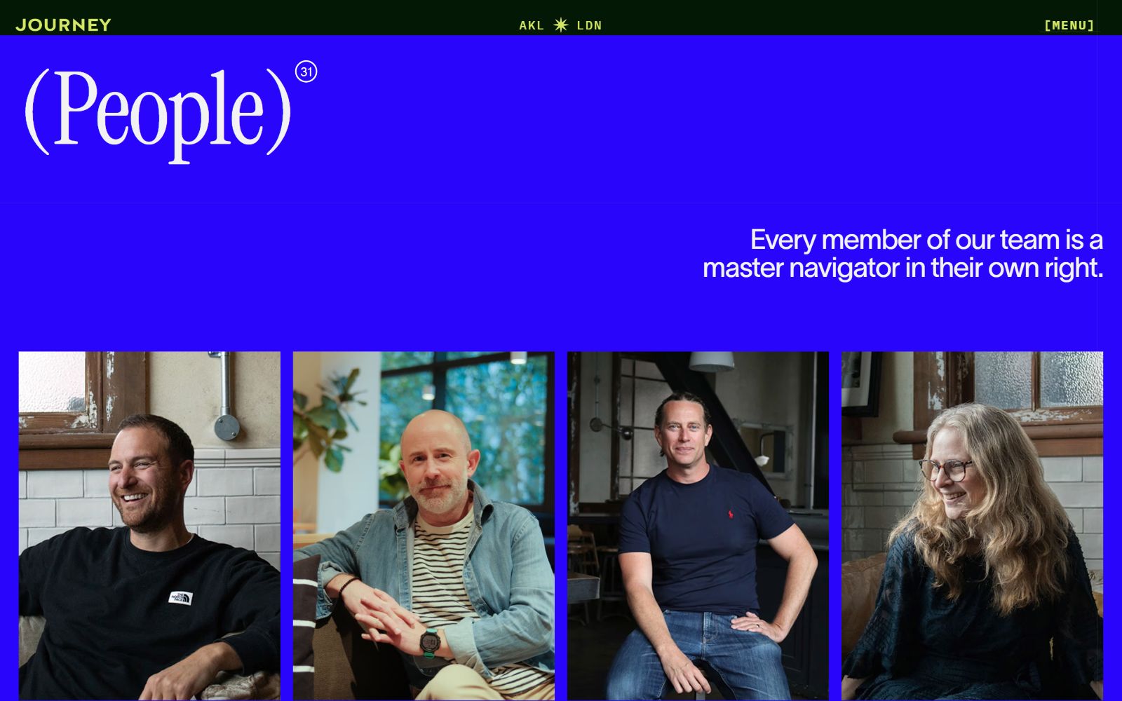 Four people sitting and smiling, each in individual panels. Text in blue area reads, "Every member of our team is a master navigator in...