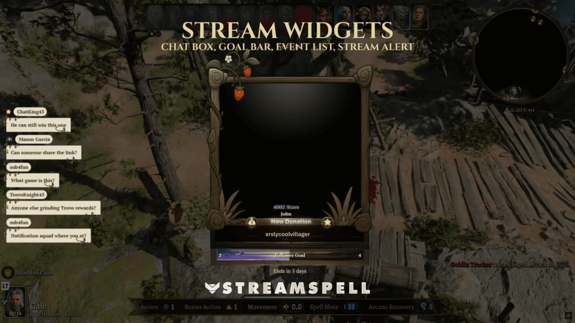 Strawberry Seaking Chat Box, Goal Bar, Event List, and stream alert overlays shown over gameplay