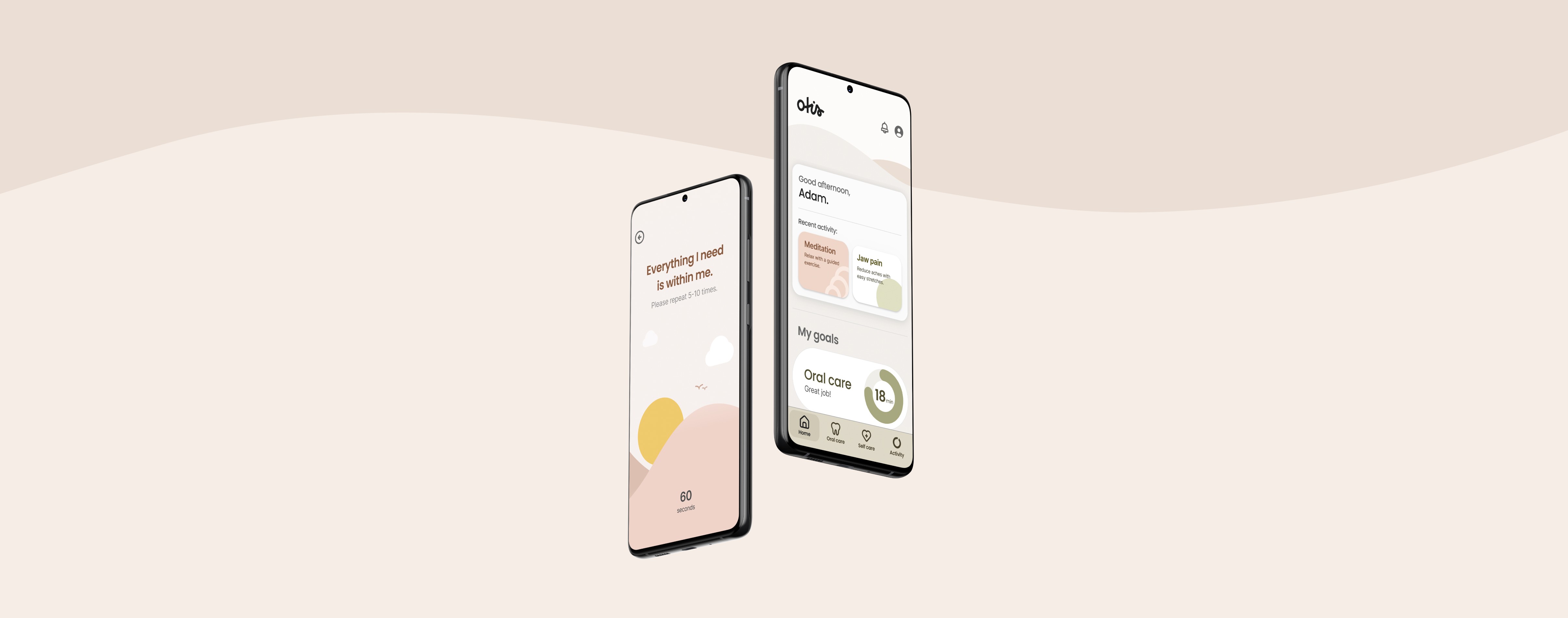 Two smartphones displaying a wellness tracking app, with one showing the welcome page and the other showing the home page, featuring a clean and user-friendly interface.