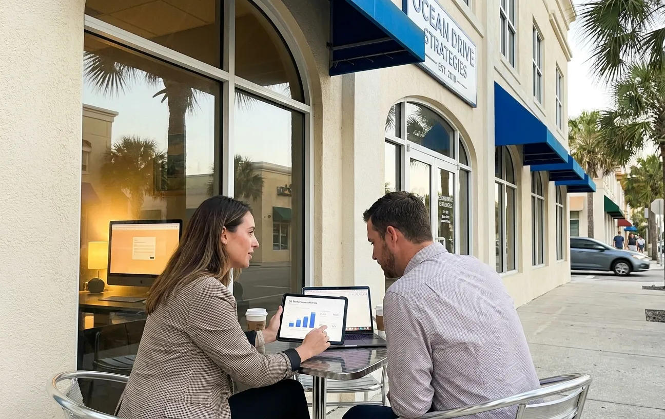 RockN' Socials team strategizes digital marketing at an outdoor meeting.