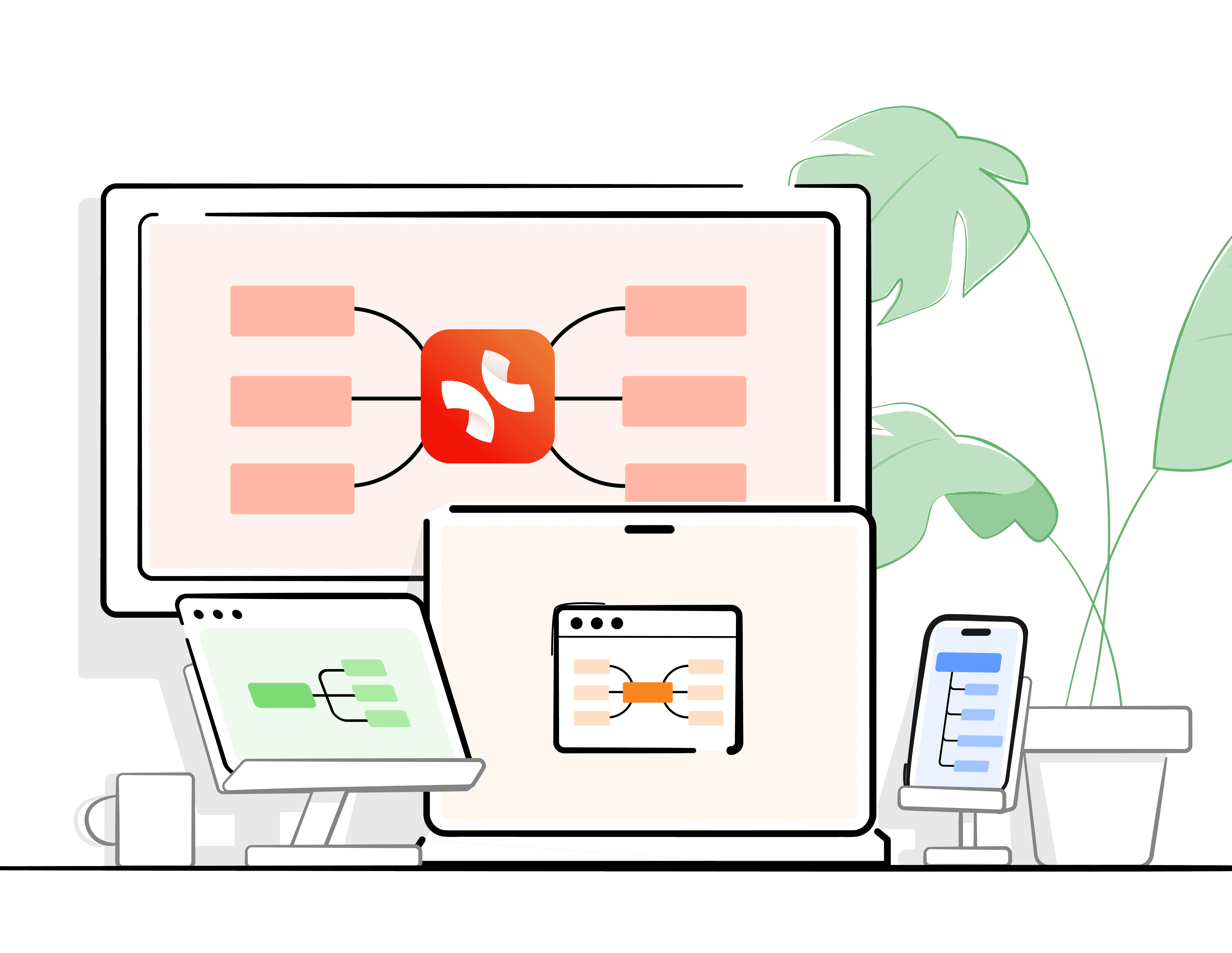 A set of digital devices displaying a flowchart interface with highlighted sections, accompanied by green plants in the background.