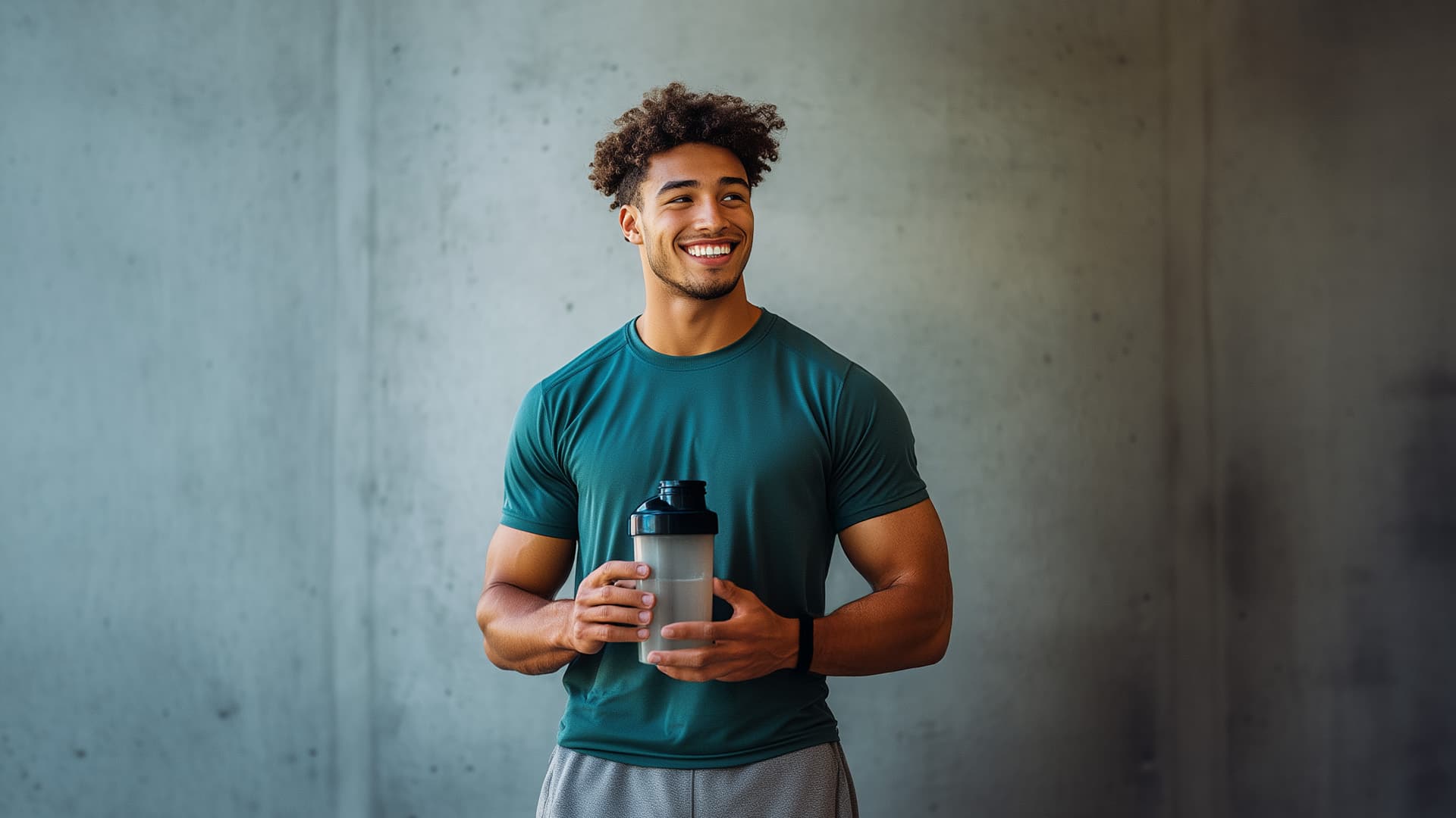 Lächelnder Mann in Sportkleidung mit Proteinshake in der Hand – ideal für Muskelaufbau.