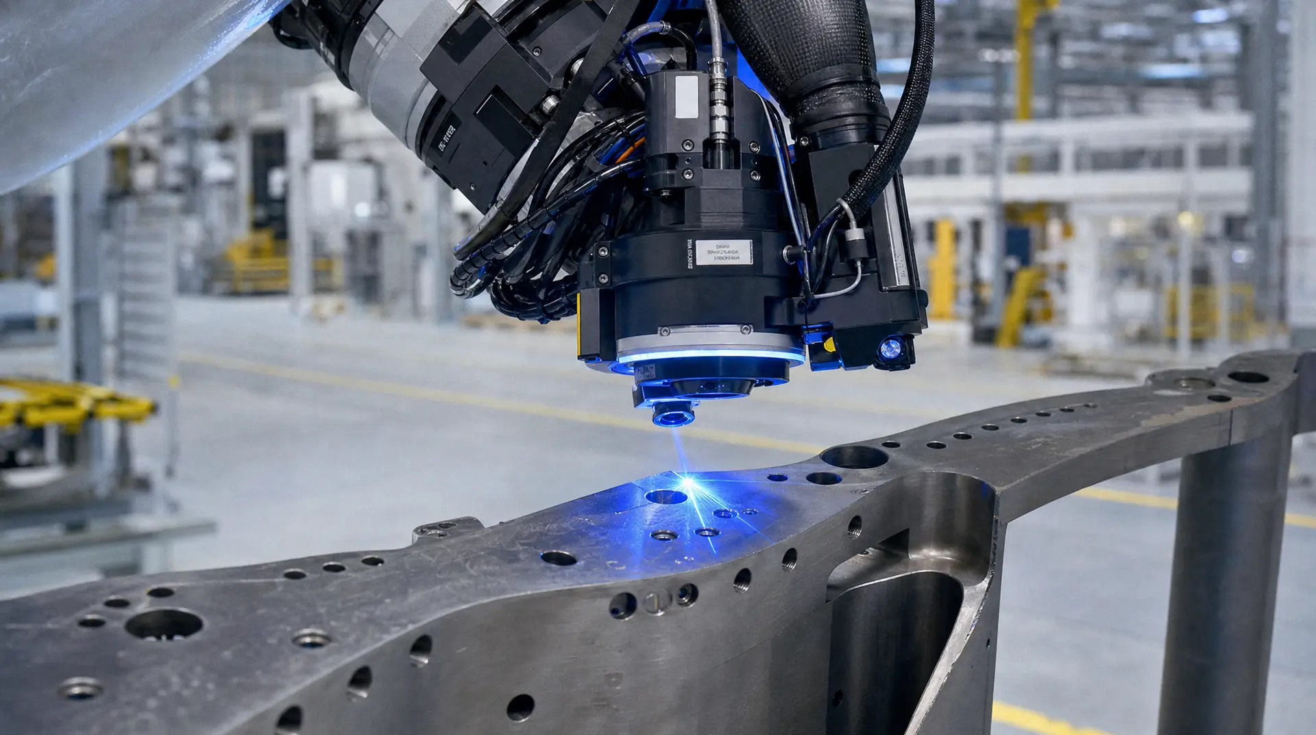 Robotic welding head sparks blue light as it joins metal parts in a factory line, ideal for manufacturing video marketing.