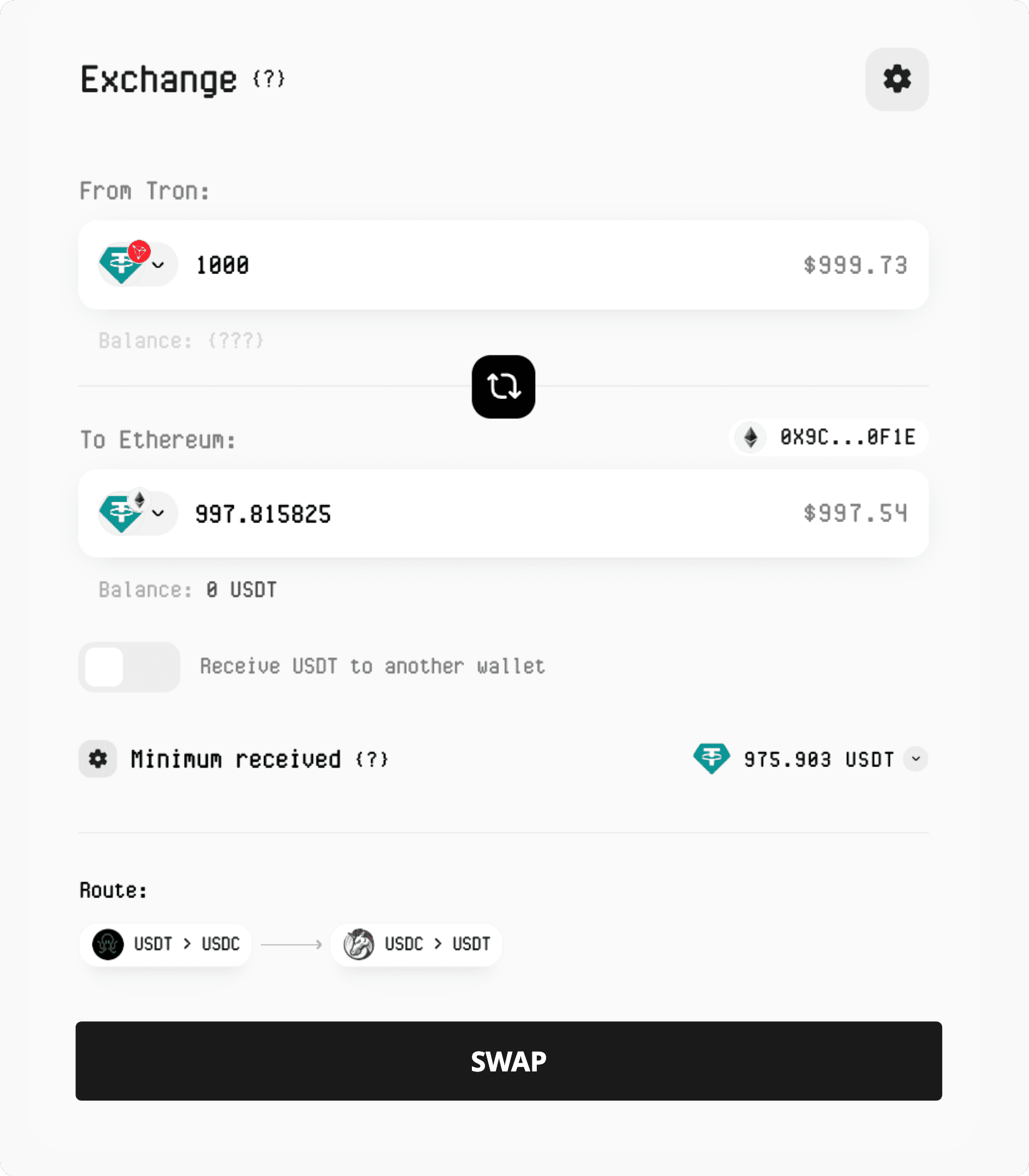 USDT TRC20 to ERC20 cross-chain bridge route example in Symbiosis WebApp