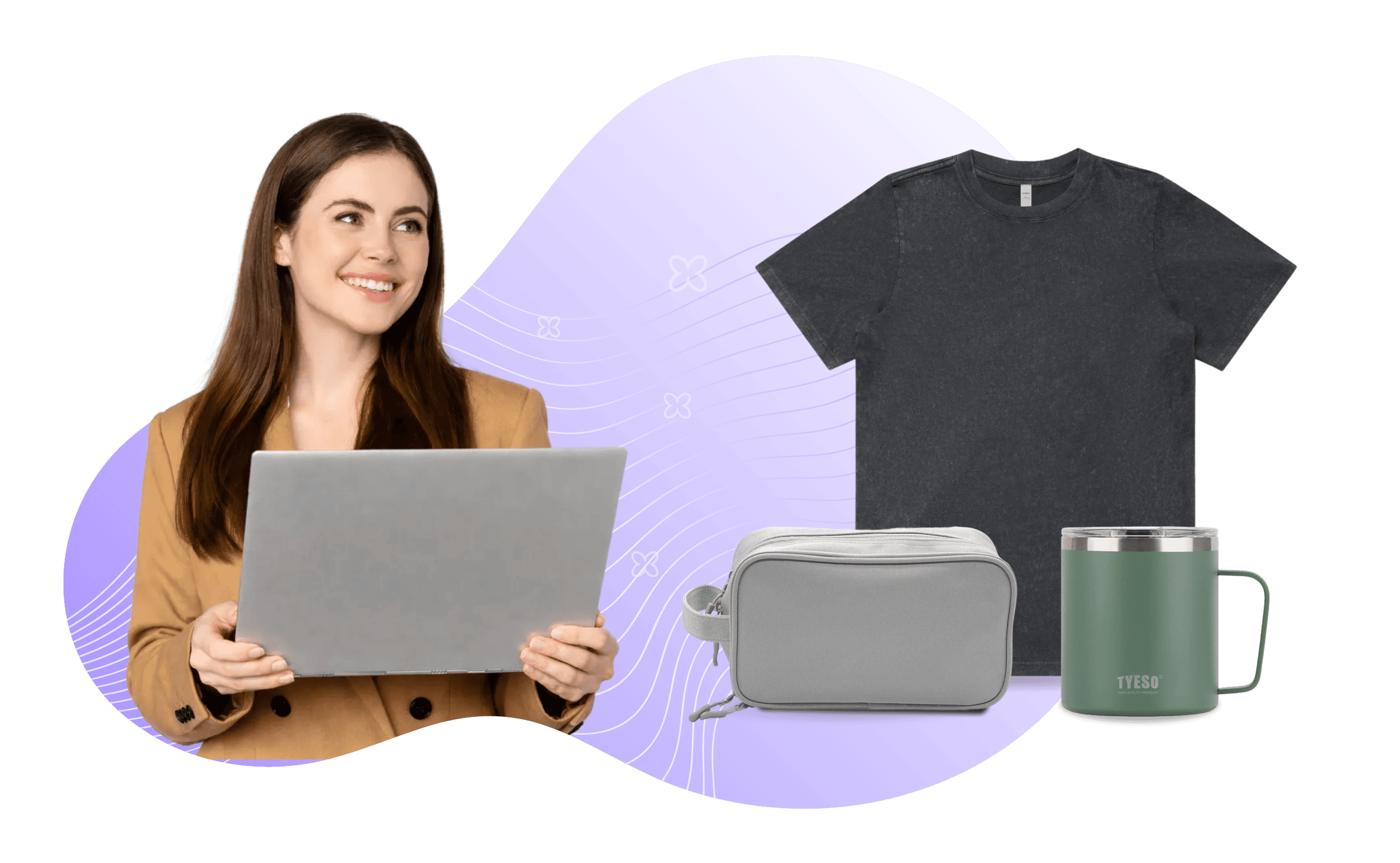 A woman holding a laptop while smiling. There's a crossbody bag, an insulated mug, and t-shirt on her side.