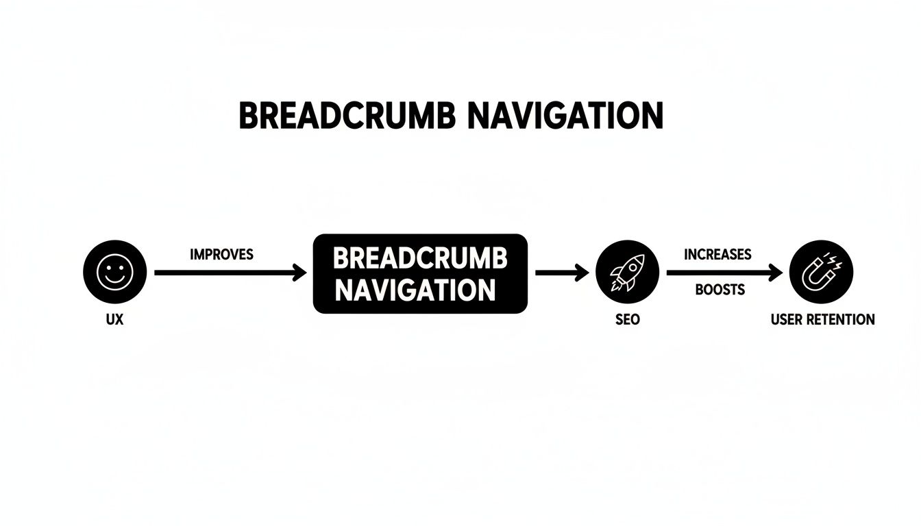 Diagram illustrating how breadcrumb navigation improves UX, boosts SEO, and increases user retention.