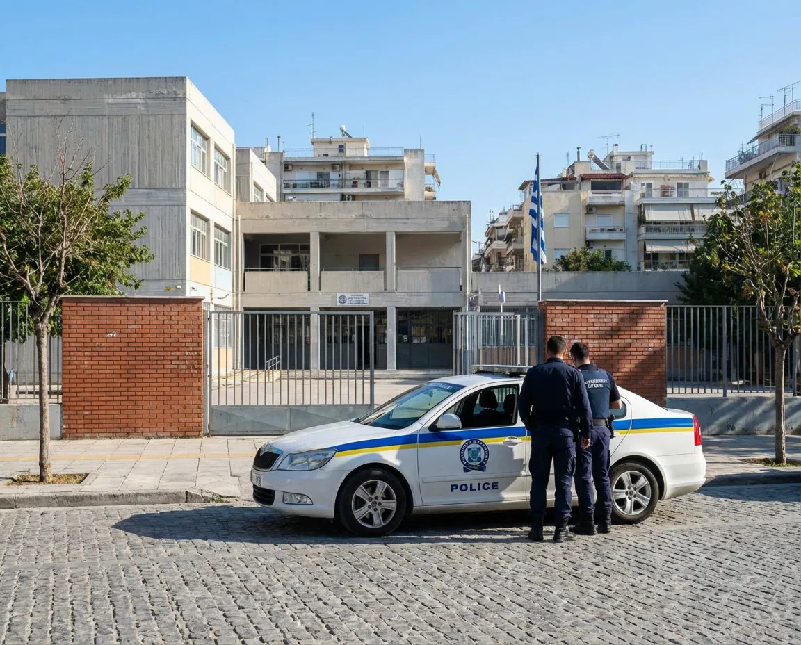 Greek police presence outside a school building in Greece.
