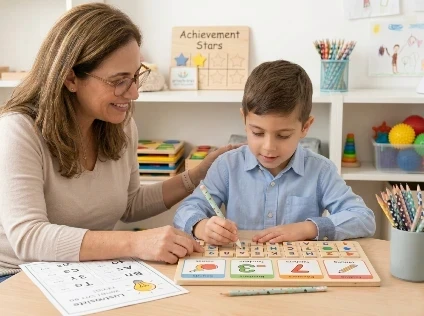 מורה להוראה מותאמת מלווה ילד בתהליך למידה חווייתי בעזרת לוח אותיות ומספרים בקליניקה של סמדר עציץ.