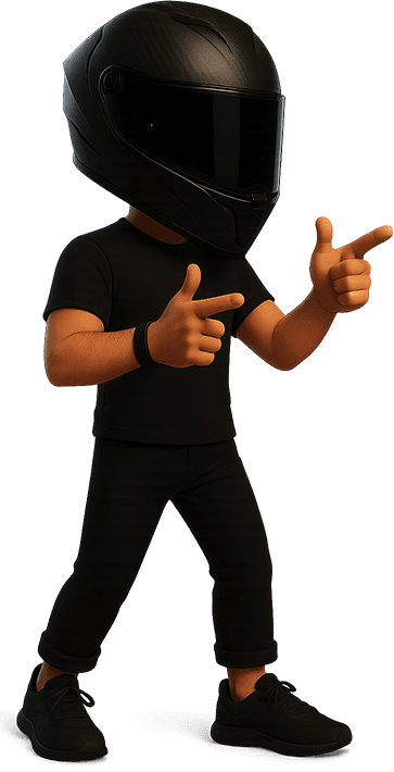 Cartoon biker poiting with two hands.