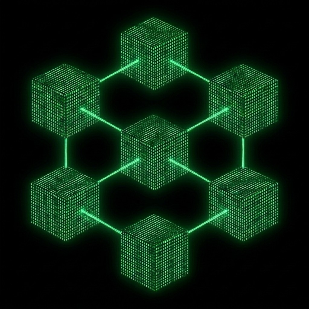 A network diagram consisting of seven smaller cubes arranged in a hexagonal, interconnected structure.