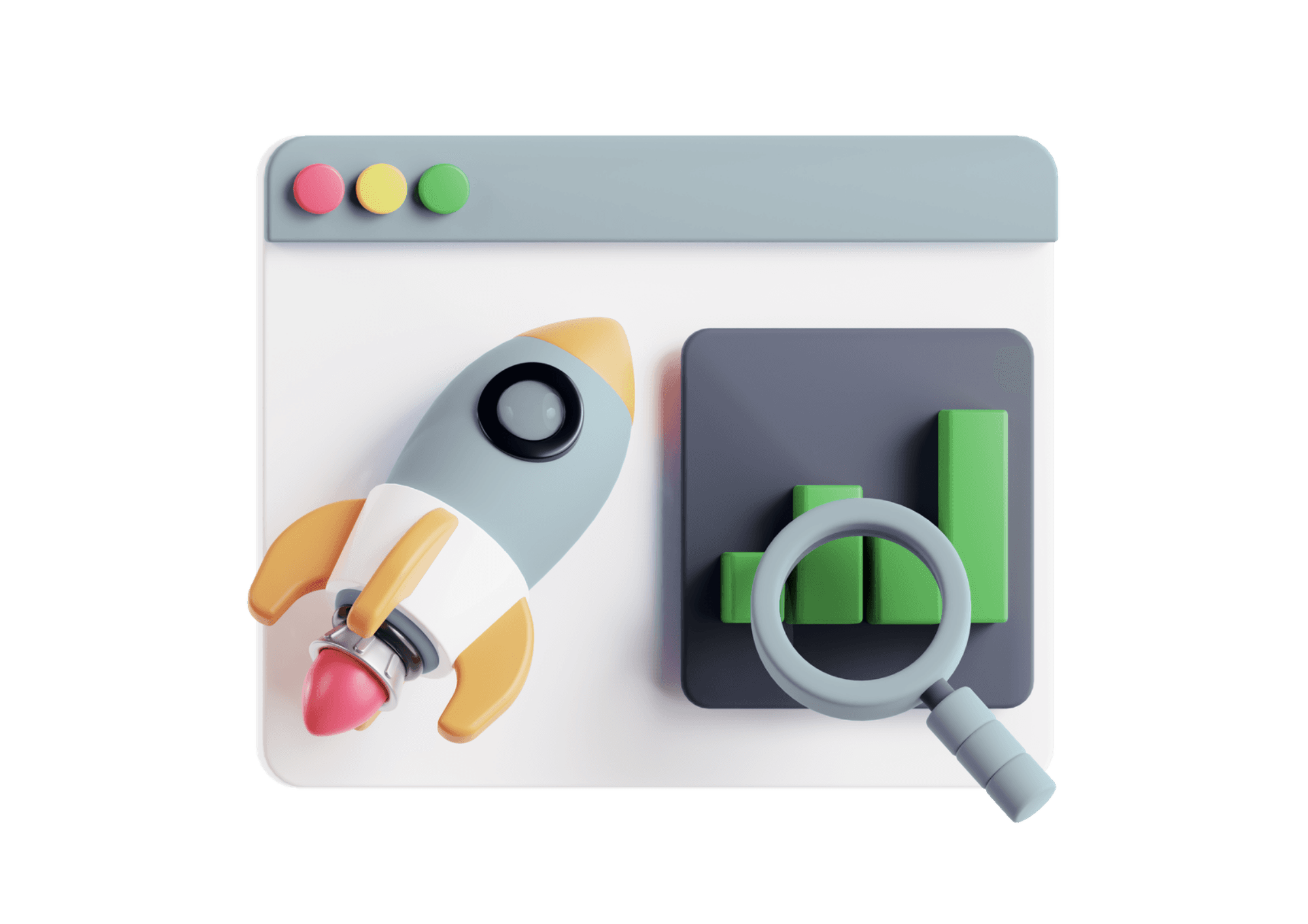 3D Visualisierung einer startenden Rakete, Diagrammen und einer Lupe.