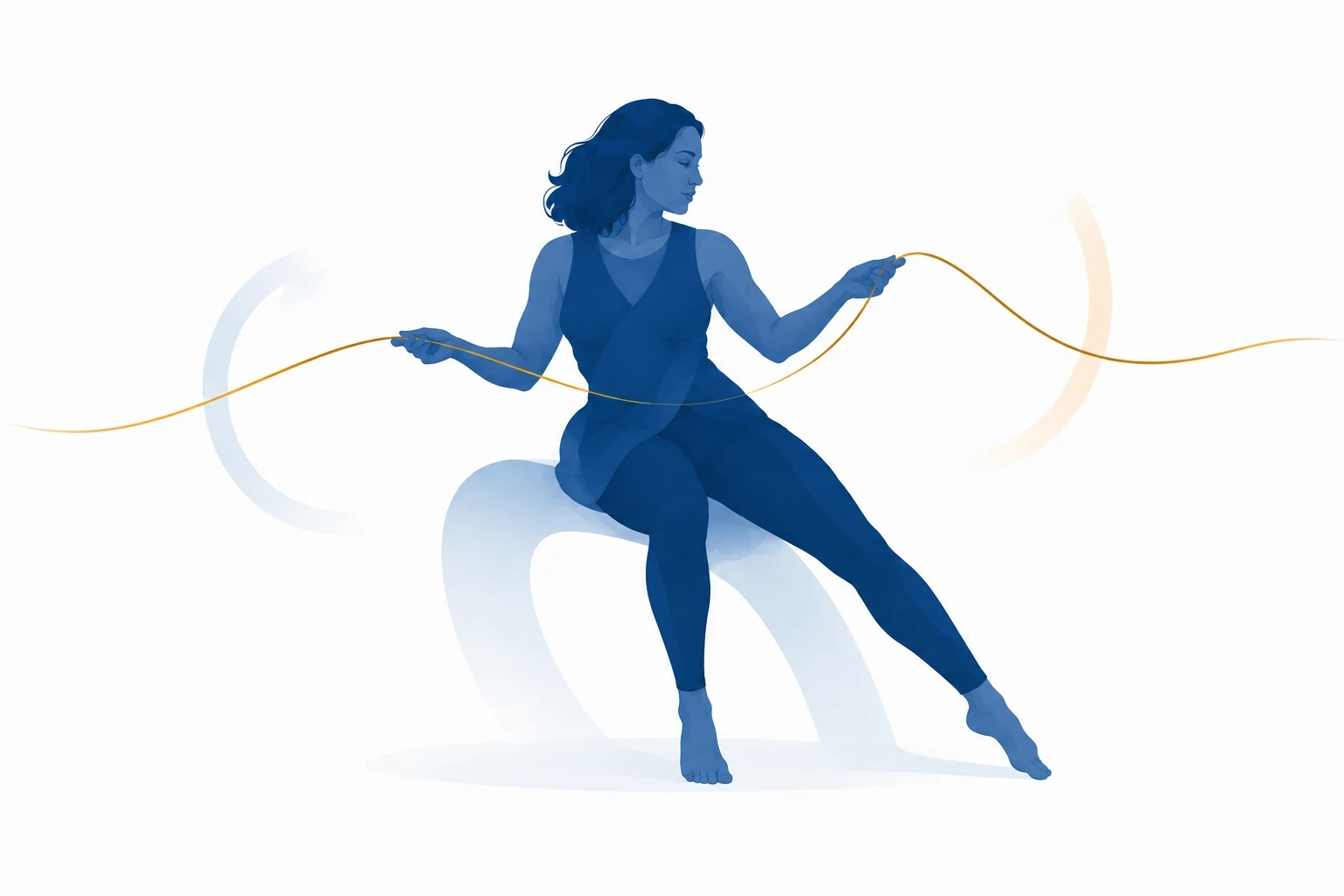 Figura feminina sentada compara duas partes de um fio dourado, sugerindo integração de informações clínicas.
