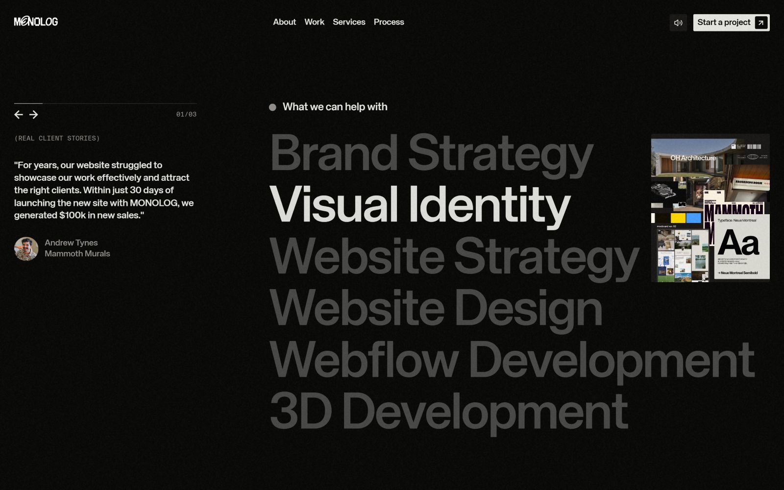 Black background with bold white text: "Visual Identity." Nearby words: "Brand Strategy," "Website Design," and more in gray.
