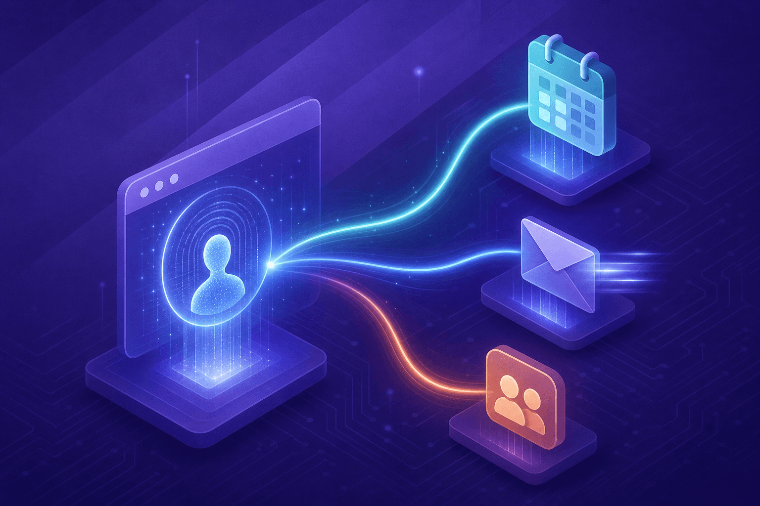 A futuristic AI-powered sales workflow diagram showing a website visitor being automatically identified and qualified the moment they arrive, depicted as glowing digital fingerprint or profile emerging from a browser window, then branching into three automated paths: a calendar with a booked meeting, an email envelope flying outward, and a LinkedIn connection icon, all connected by smooth flowing light trails on a dark deep-blue background with subtle circuit-board patterns, conveying seamless autonomous multi-channel engagement without any human intervention symbols, clean professional B2B SaaS aesthetic with blue, teal, and orange accent colors