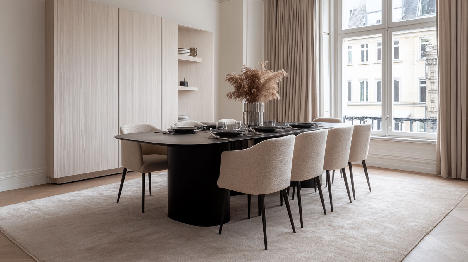 Ein modernes Esszimmer, das durch atemberaubende 3D-Renderings zum Leben erweckt wurde, mit einem schwarzen rechteckigen Tisch, acht beigen Polsterstühlen, einem hellen Teppich, hohen beigen Vorhängen, einem großen Fenster und einer Vase mit Pampasgras als Blickfang.
