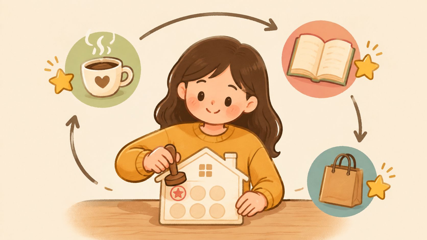 Una joven sonriente sellando una tarjeta de lealtad con forma de casa mientras se ilustran sus actividades diarias.