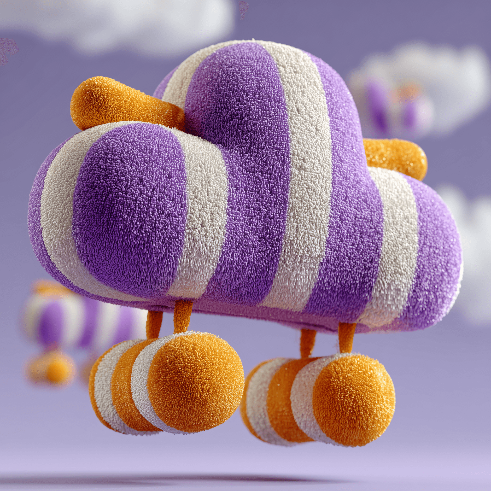 A soft 3D plush airplane character with purple and white stripes, orange accents, and fuzzy textured surfaces, floating in a pastel purple sky with blurred clouds behind it.