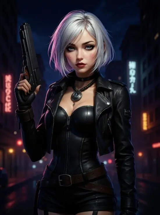 Cyberpunk goth AI anime girl with silver hair in rainy night