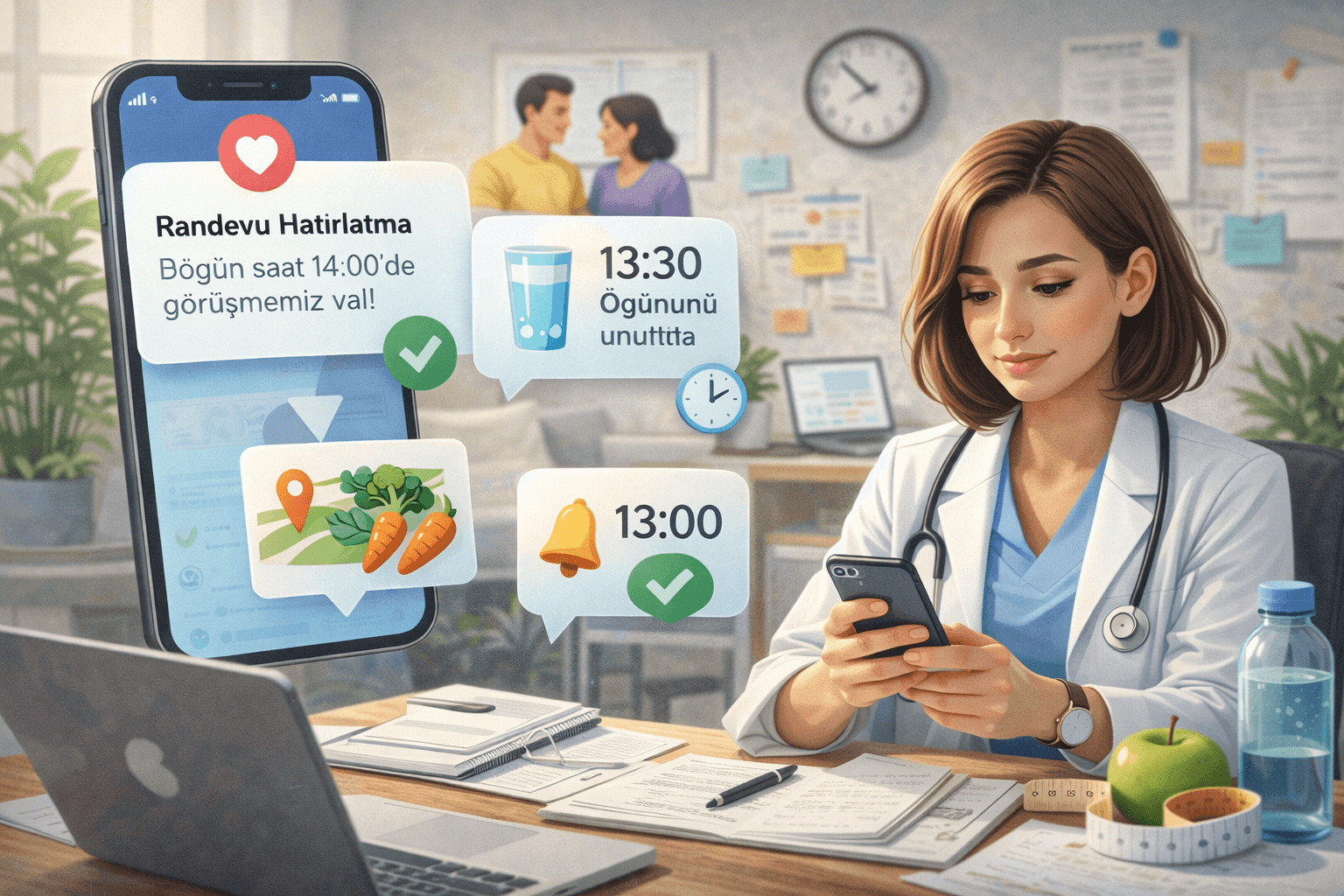 Diyetisyenlerin danışanlara otomatik randevu ve öğün hatırlatmaları yaptığı, mobil bildirimlerle süreci düzenli yöneten modern bir danışan takip sistemi görseli.
