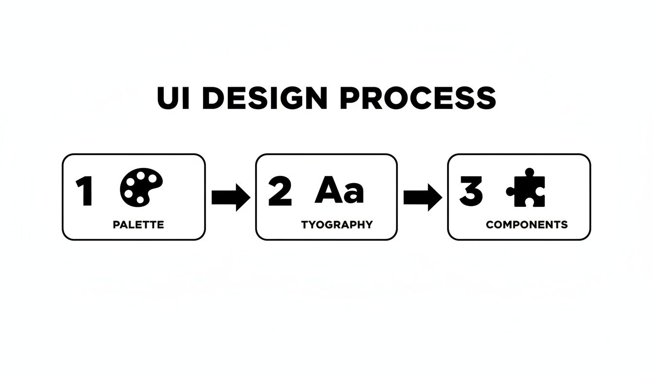 A black and white diagram illustrates a three-step UI design process: Palette, Typography, and Components.