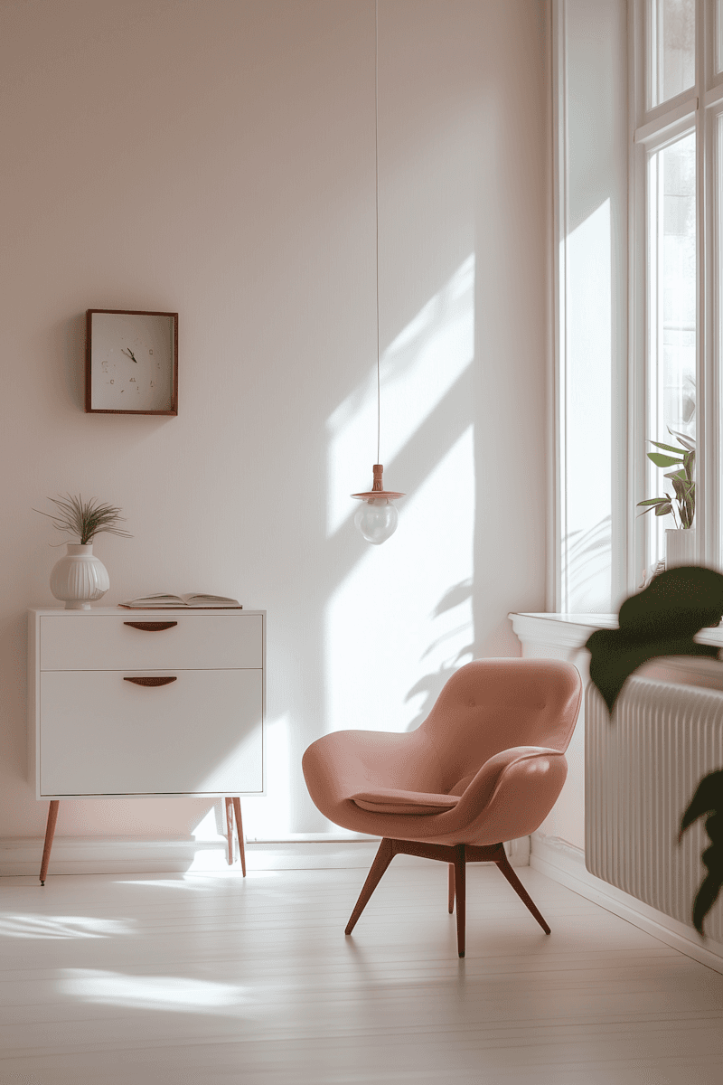Bright minimalist living room corner with blush pink velvet accent chair, white dresser with wooden pulls