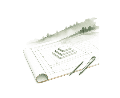 Line-drawn architectural plan sheet with a small podium sketched onto it and a pair of dividers resting alongside