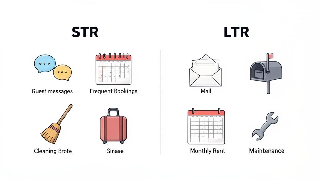 Infographic comparing Short Term Rentals (STR) with Long Term Rentals (LTR) differences and characteristics.