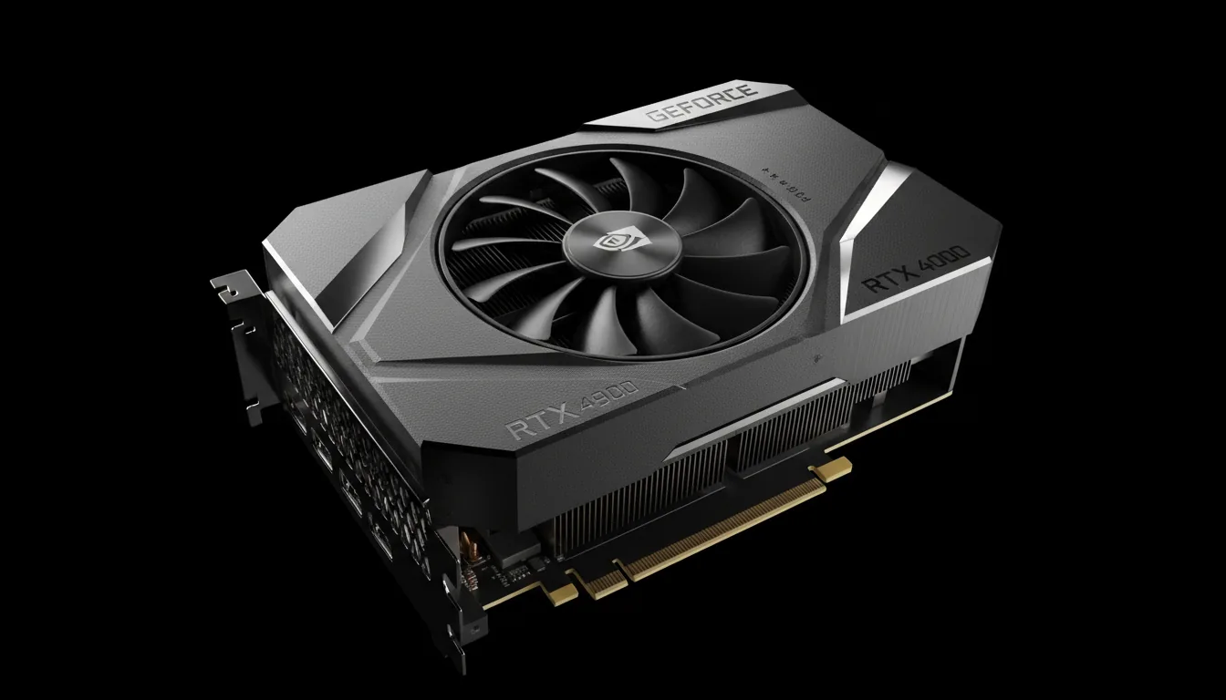 A photorealistic 3D render of an NVIDIA GeForce RTX 4090 graphics card, styled as a high-end product shot. The view is a low-angle close-up, showcasing the matte black textured chassis and a large cooling fan. Soft studio lighting creates crisp highlights along the geometric edges and brushed metal accents. The card is set against a pure black background, creating dramatic, cinematic contrast. Focus is sharp across the entire product, detailing the vertical heatsink fins and subtly embossed text.