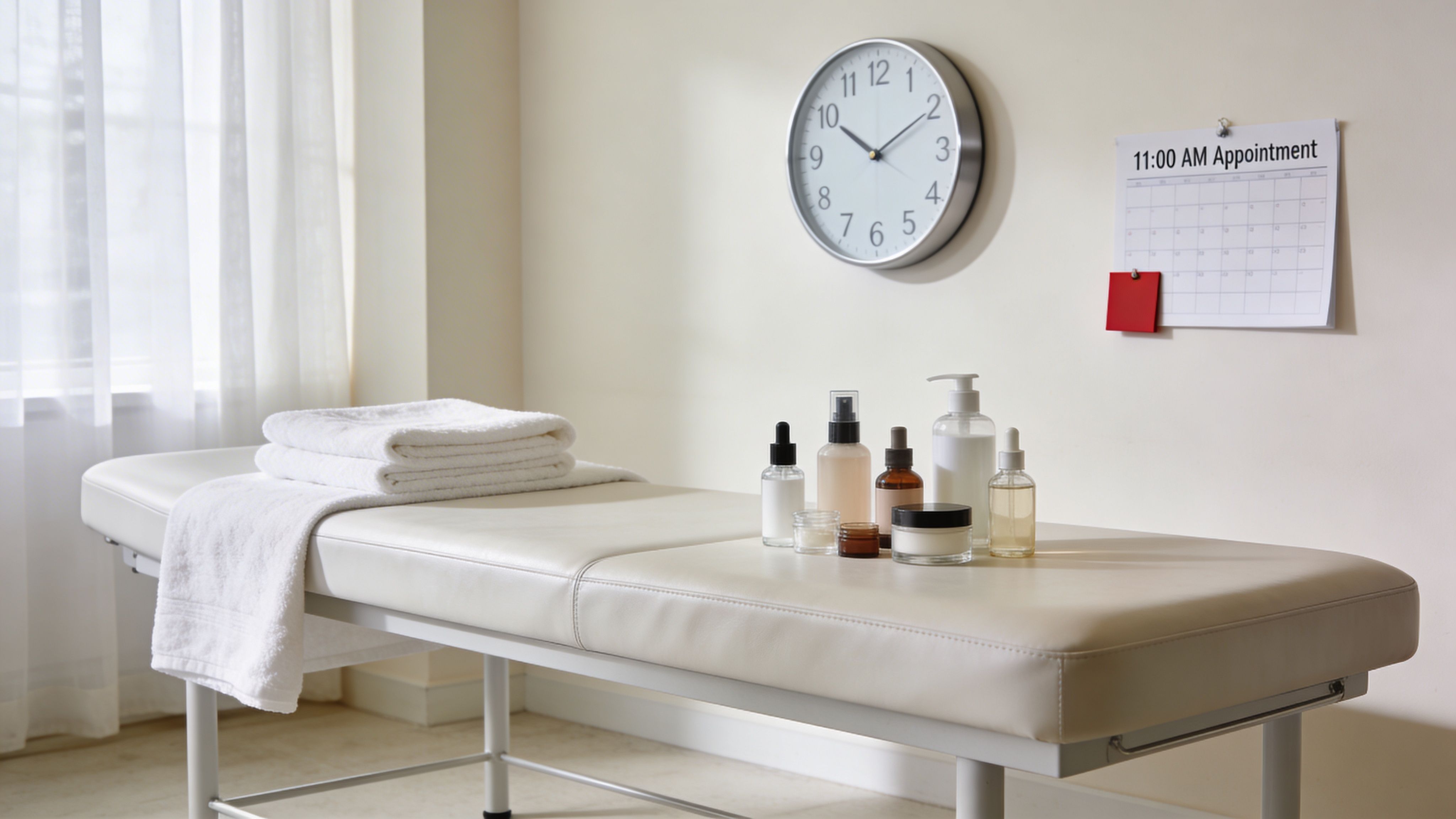 A minimalist massage table with white linens and skincare bottles in a bright, professional salon room.