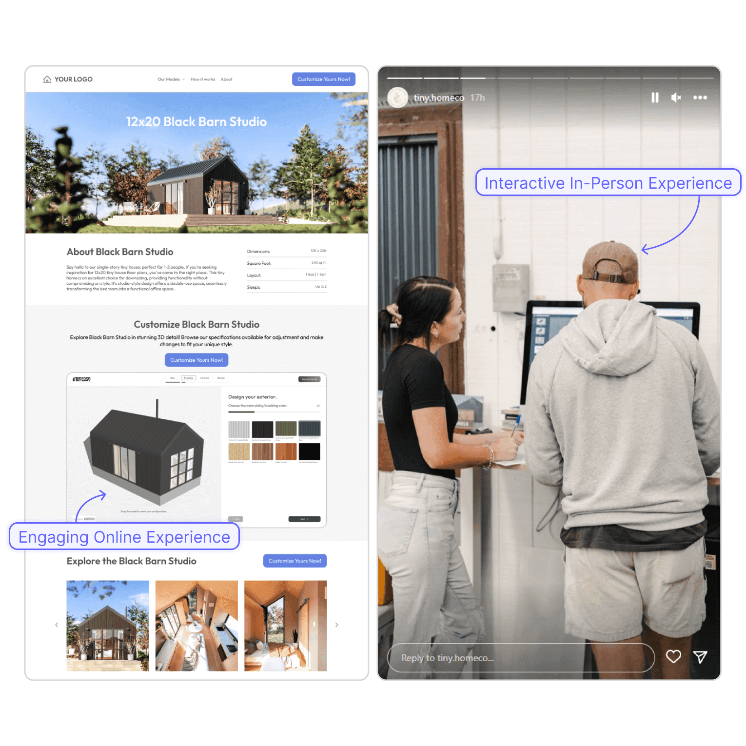 Side-by-side comparison of an interactive online website experience and an in person sales experience in a tiny house workshop showcasing a 3D tiny house configurator