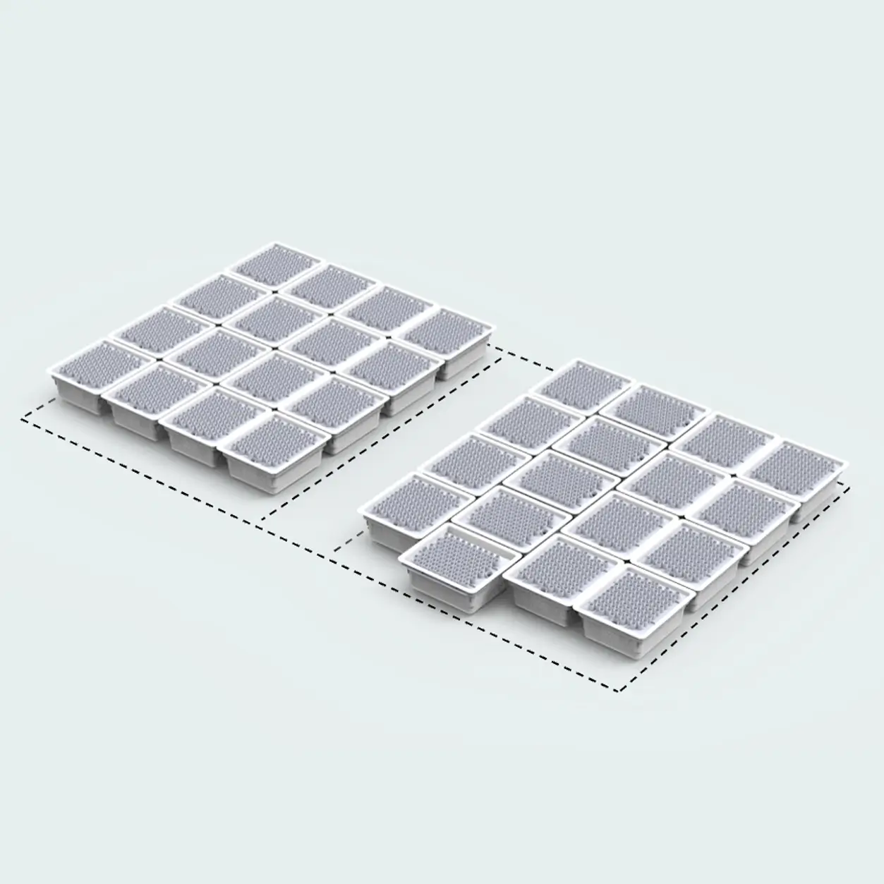 Isometric diagram showing flexible pallet loading patterns for sterilization tubs, displaying both 16-tub and 17-tub configurations on standard pallet footprints.