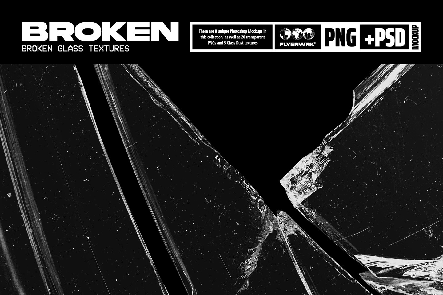 Broken glass textures featuring realistic shattered shards and sharp edge details on a dark background