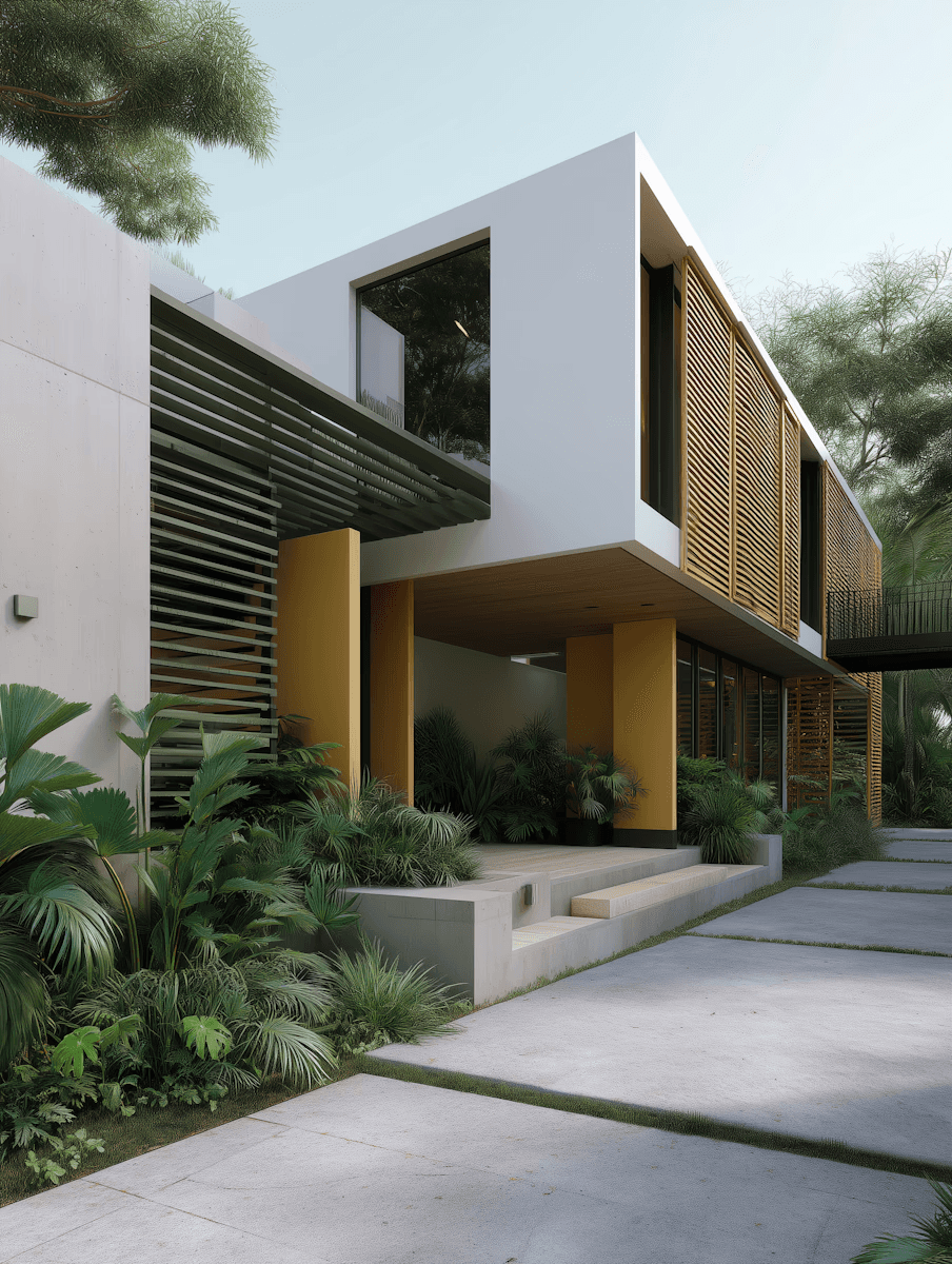 Modern two-story house with yellow pillars, wooden screens, and lush greenery