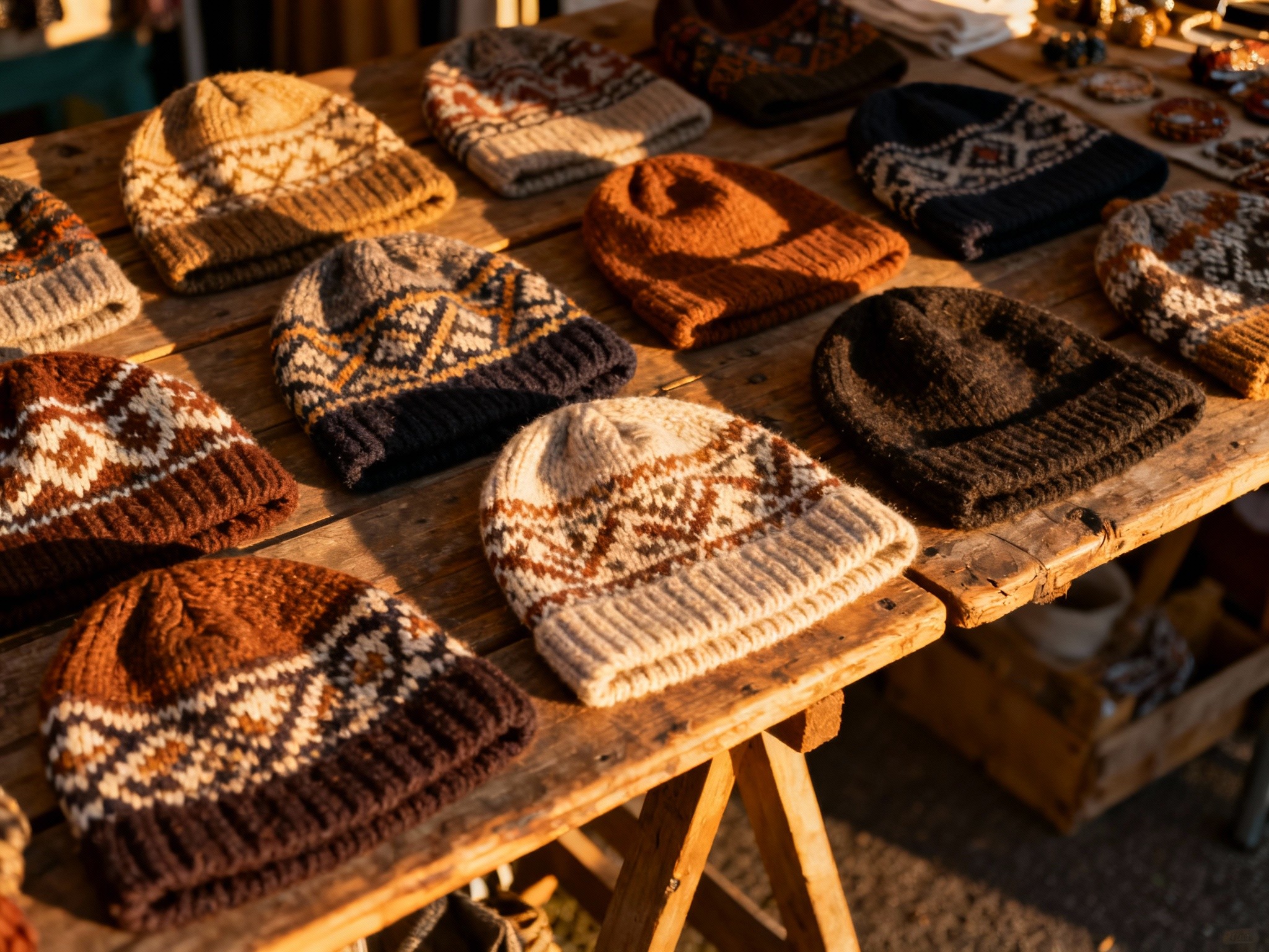 An overhead wide landscape shot of an artisan market at golden hour, showcasing an array of