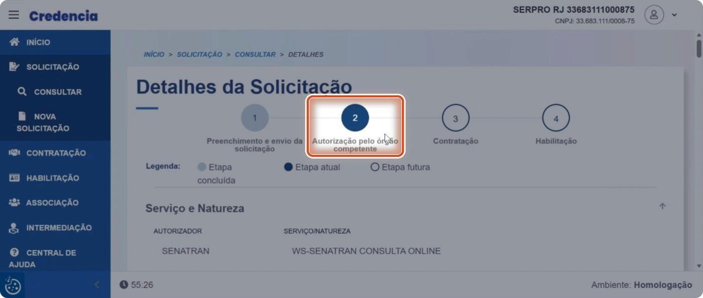 Captura de tela de referência do Credencia para Passo 3 — Conferir a etapa atual do processo. Contexto: 35 — Como acompanhar sua solicitação no Credencia.