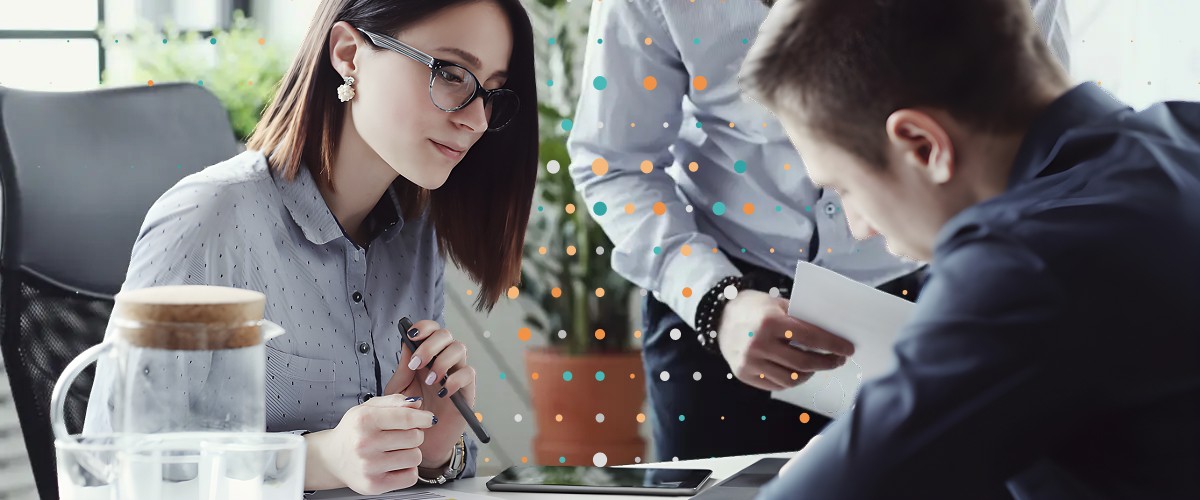 business people looking at notes