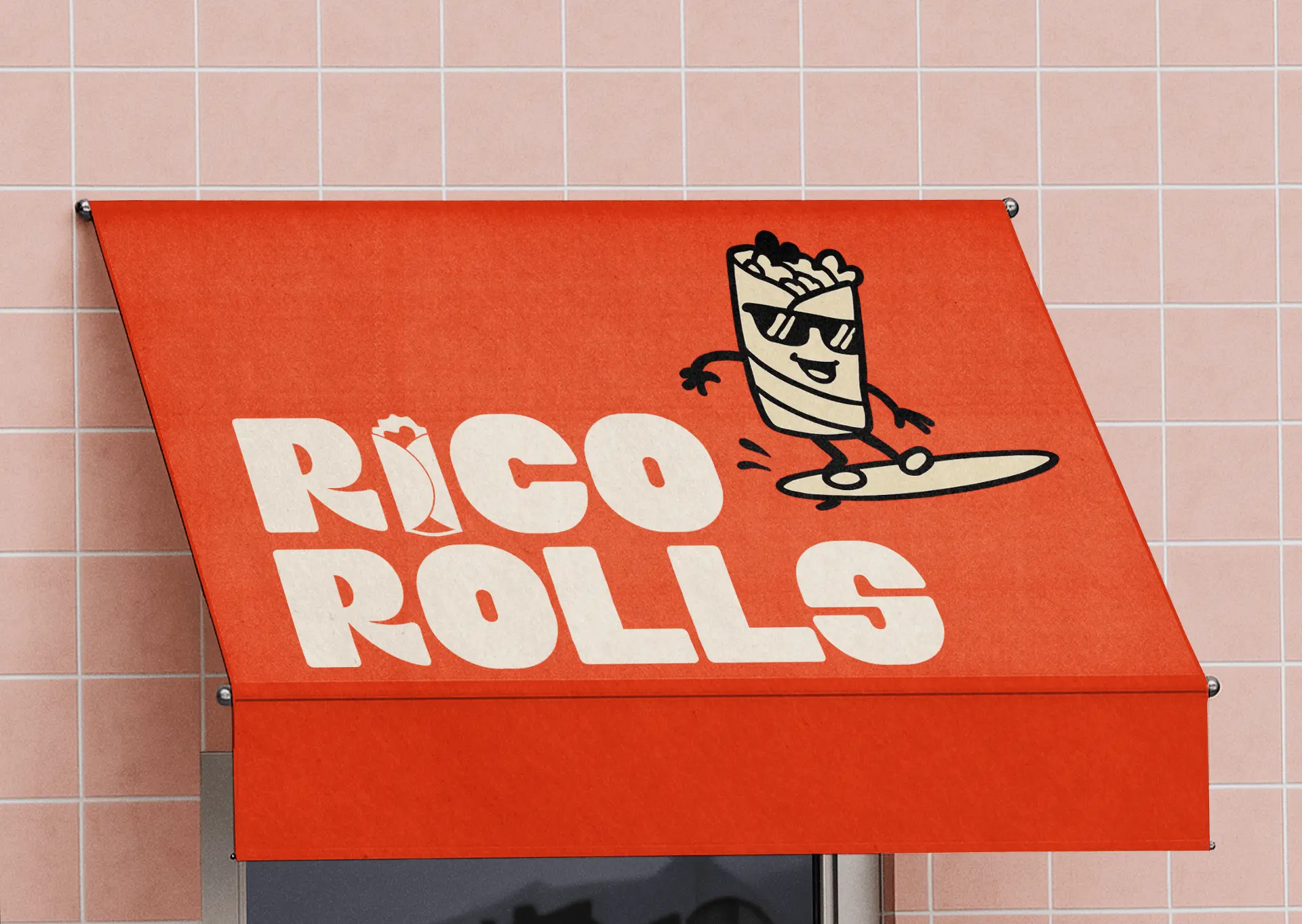 Large red billboard with playful typography reading ‘Atmosphere’ and patterned illustrations of food items in the background and the tagline ‘Eat. Vibe. Repeat'
