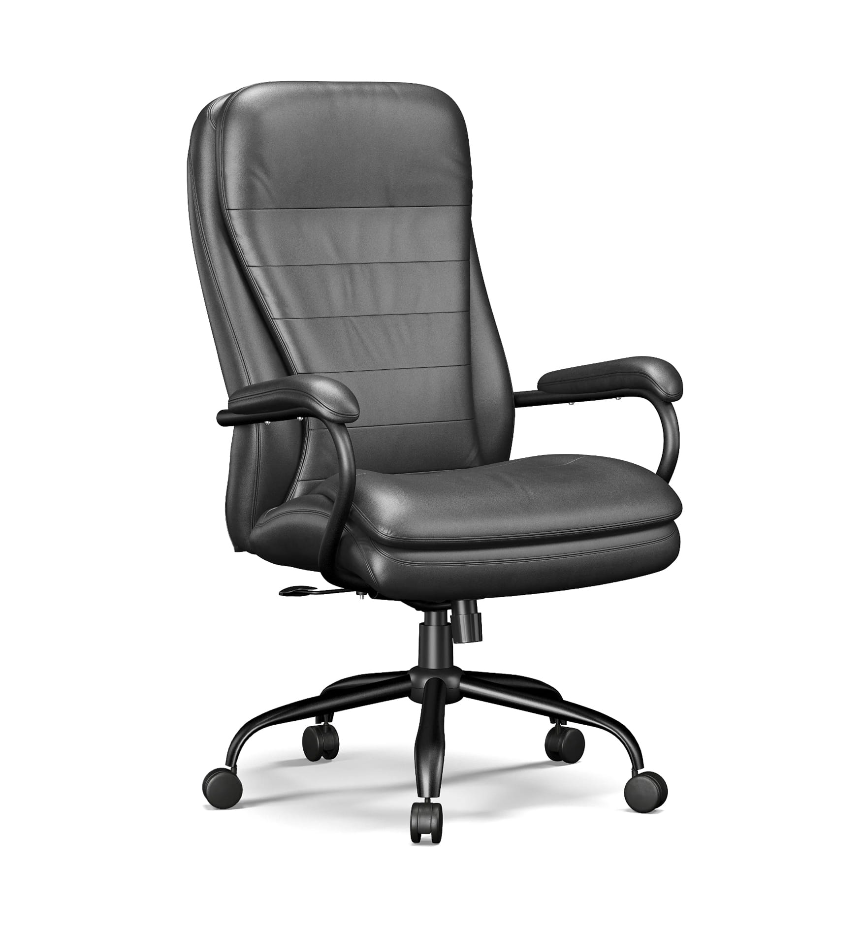 Black leather executive office chair with armrests and wheeled base