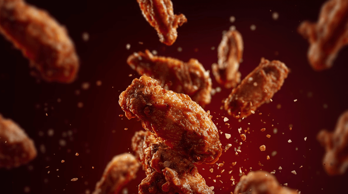3D CGI Produktfotografie von schwebenden Chicken Wings für Food-Werbung.