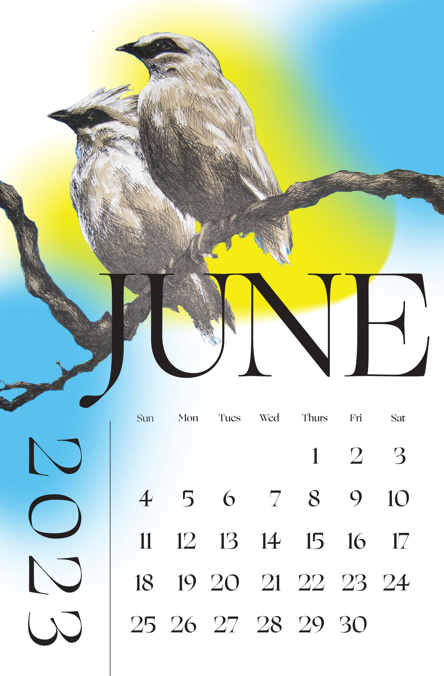 Calendar page for June 2023 with two birds sitting on a branch with blue and yellow colors in their background