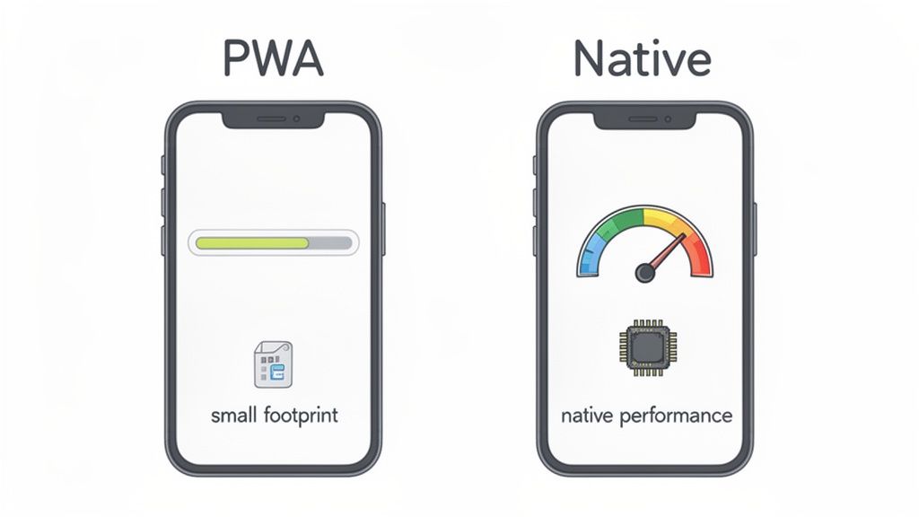 Visual comparison illustrating Progressive Web App's small footprint versus Native app's high performance.