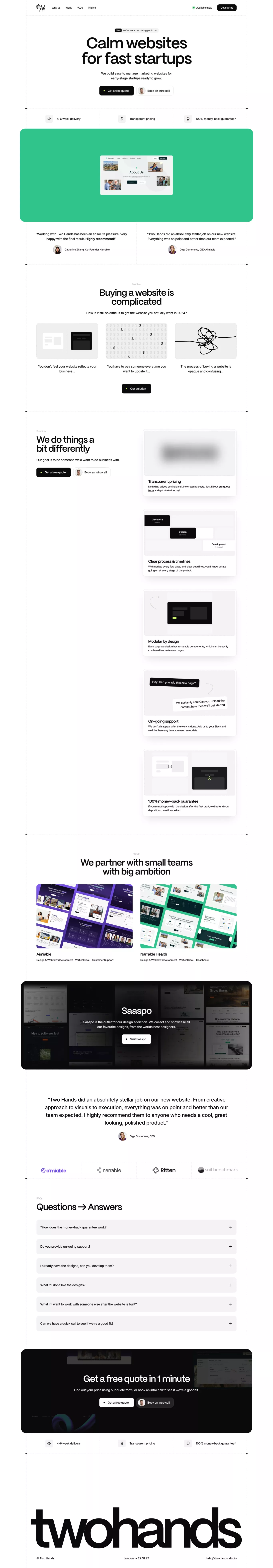 Two Hands landing page screenshot showcasing Design and Tech design