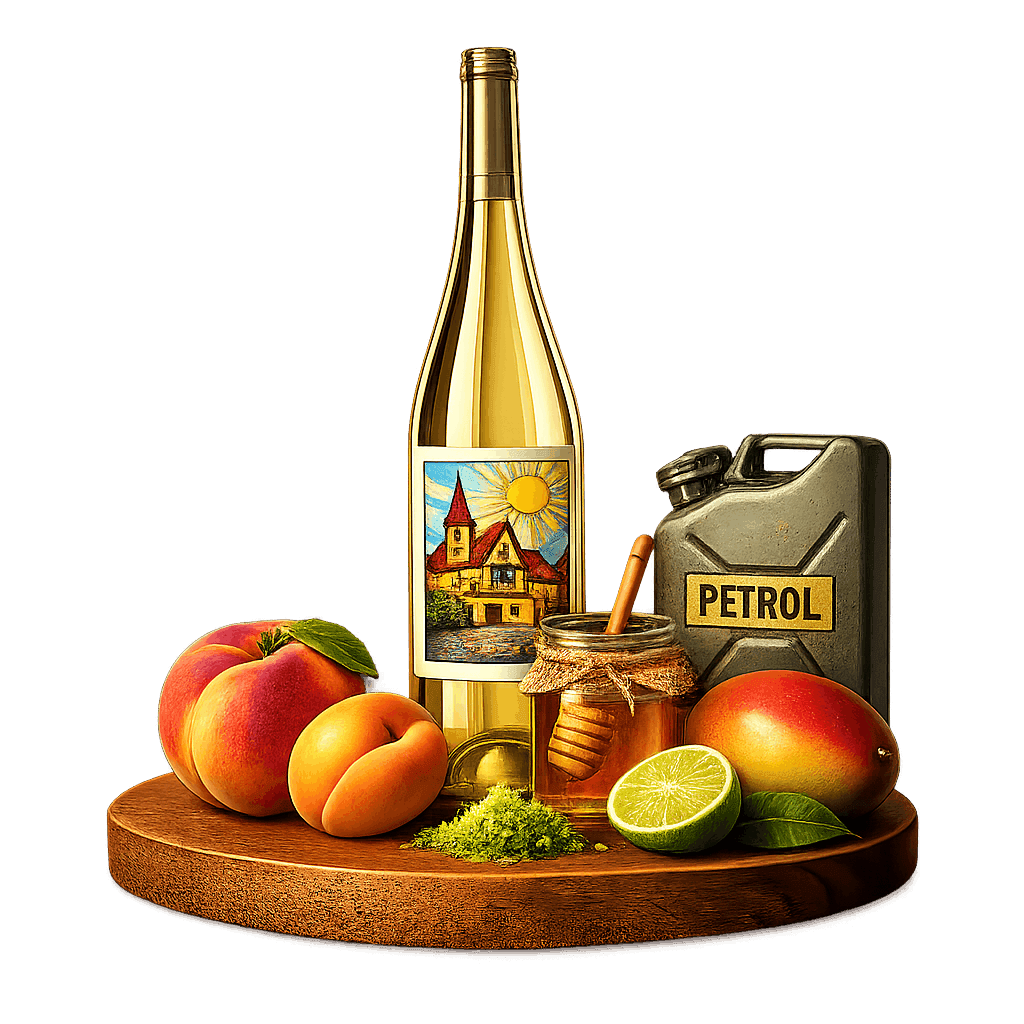 Artistic label and flavor profile for German Pfalz Riesling on a rustic wooden table.