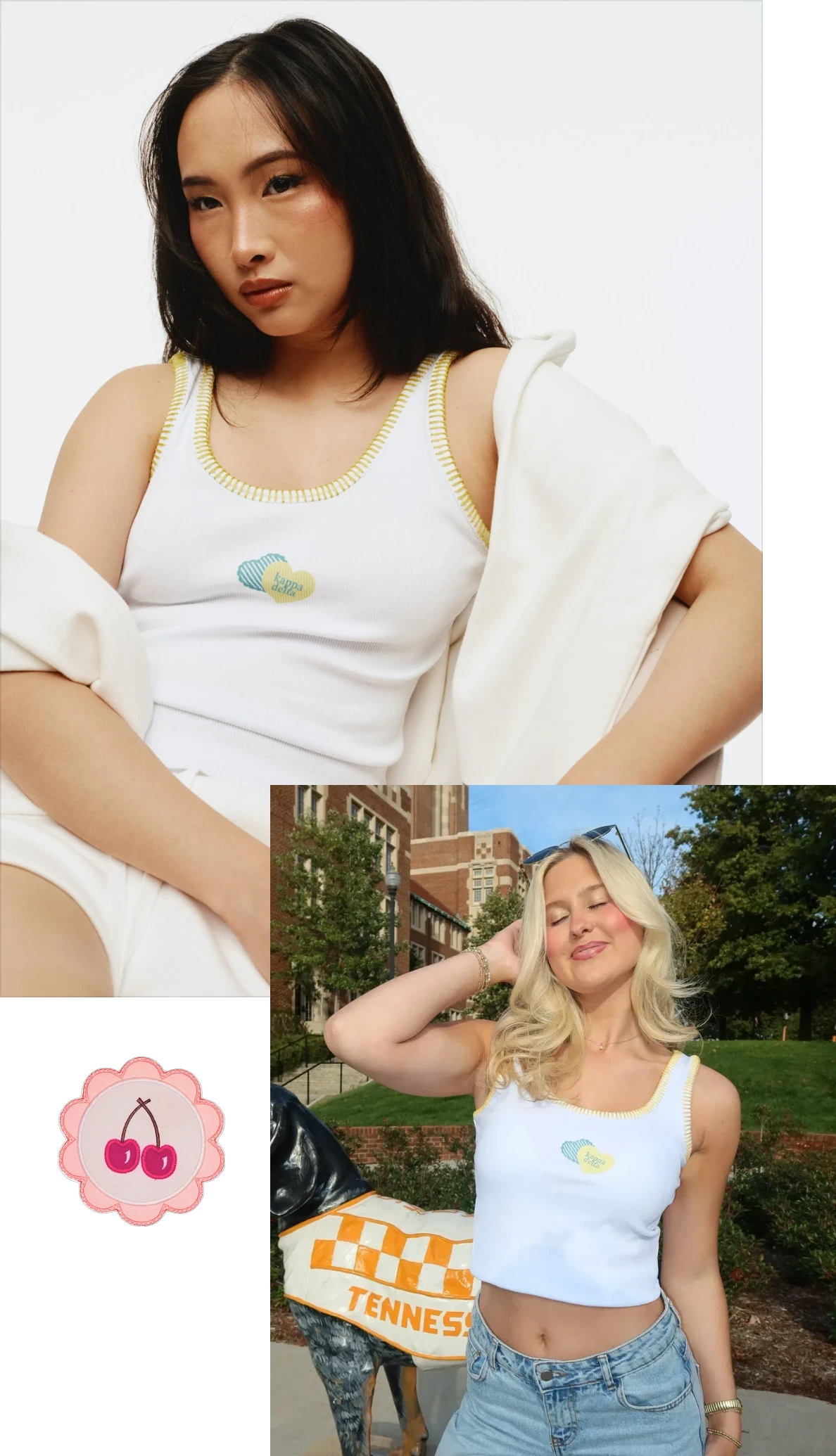 Collage: studio portrait of a model wearing a white Kappa Delta tank with yellow trim and white shorts with a cream hoodie draped off the shoulders; inset outdoor campus photo of a person wearing the same tank with jeans.