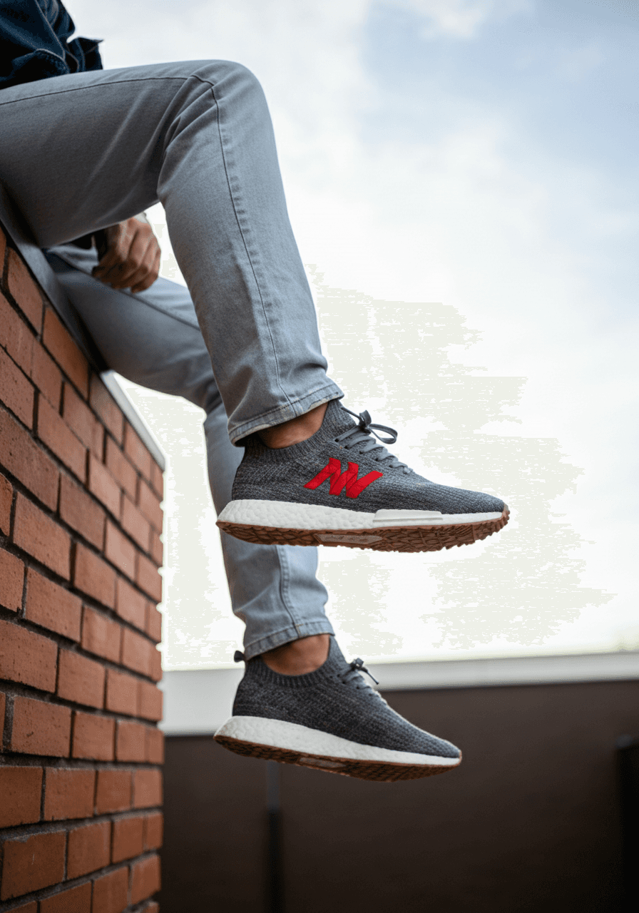 Model wearing streetwear sneakers on a city street