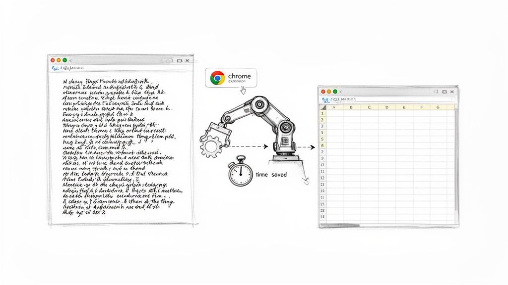 A Chrome extension robot automates data transfer from a document to a spreadsheet, saving time.