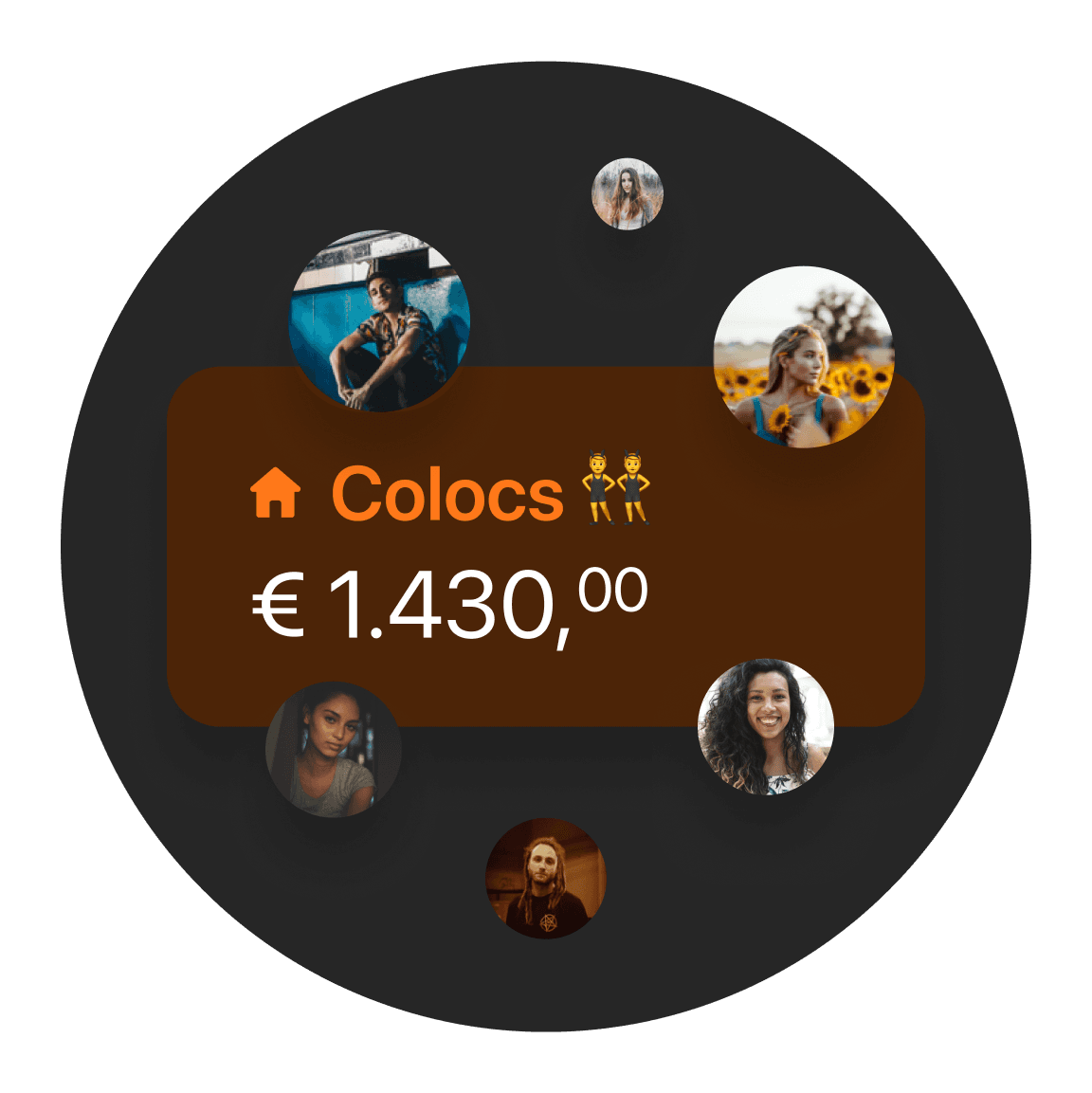 Circular graphic displaying "Roomies" and a price of €1430, surrounded by small images of people.