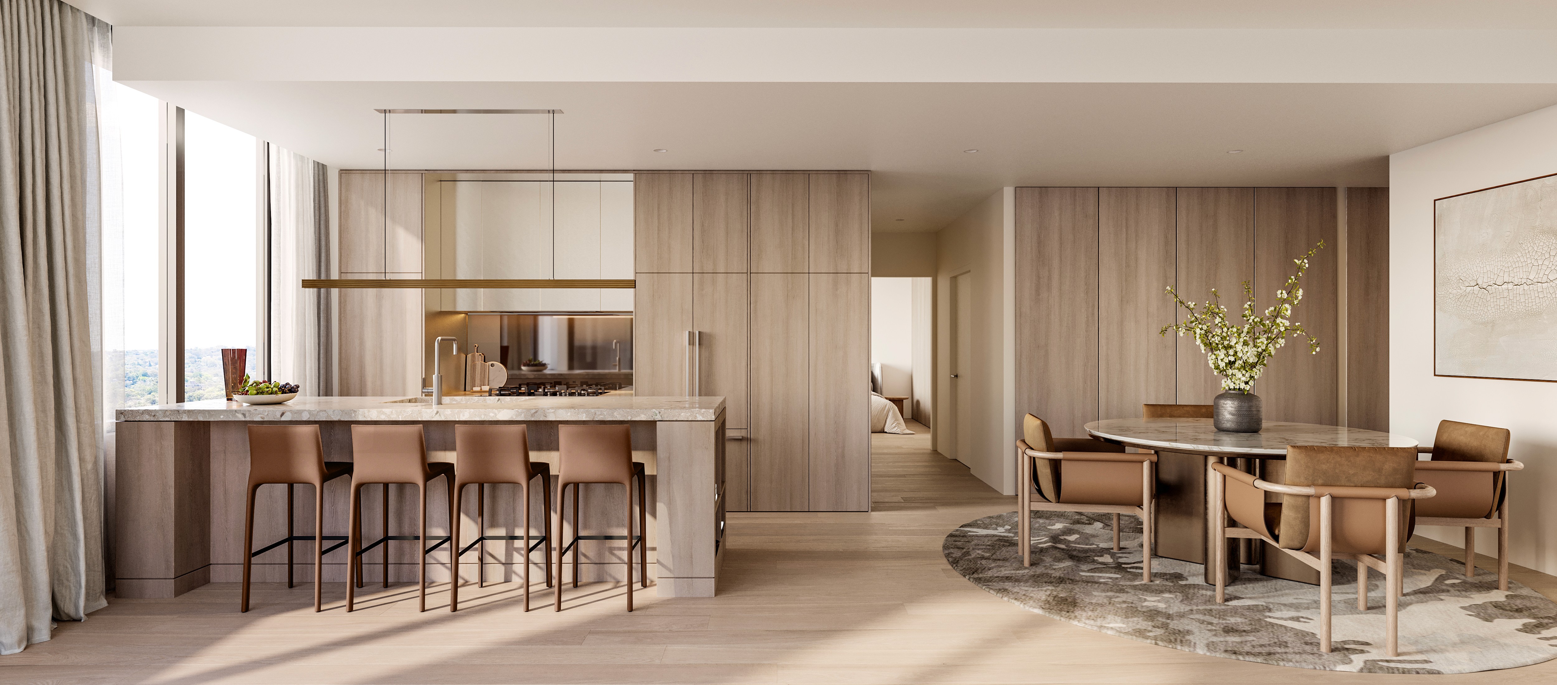 Coposit, Buy with $10K, Off the Plan Sydney. Macquarie Rise kitchen and dining area featuring marble benchtops, modern cabinetry, bar seating, and elegant finishes.