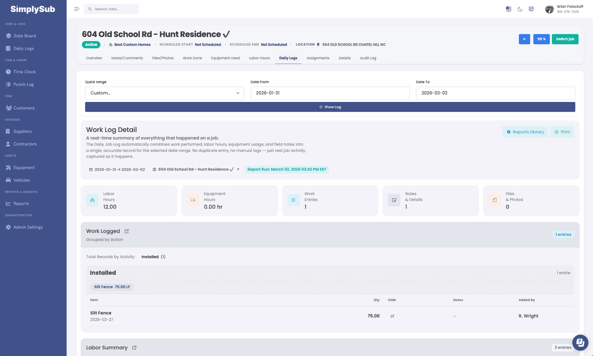SimplySub daily log report displaying work entries, labor hours, installed quantities, and project activity history.