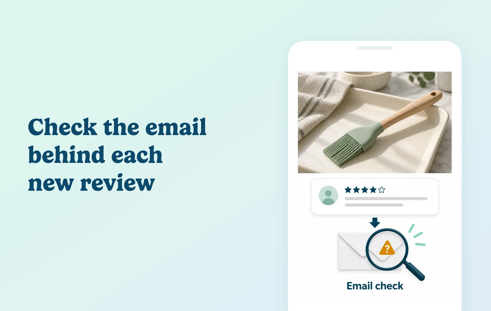 Judge.me and Securify integration: illustration of a pastry-brush review email moving to a mailbox check and human assessment.
